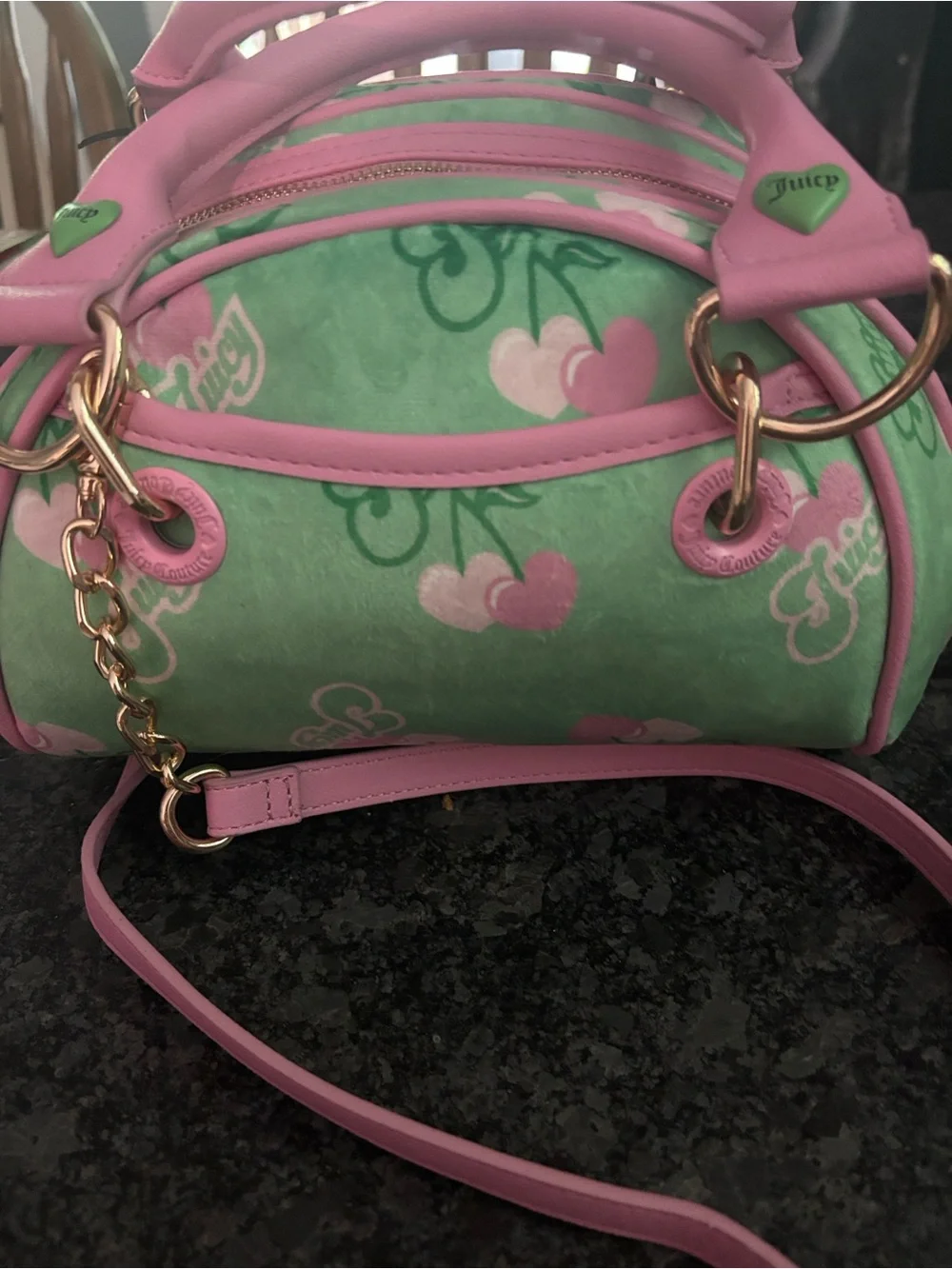 NWT Juicy Couture Retro Pink & Green Barrel Satchel with Cherry Gelato Accent - Picture 8 of 12